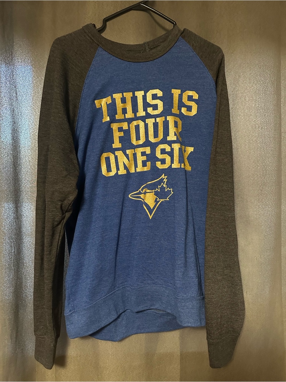 Toronto Bluejays Blue & Gray Raglan Crewneck Sweater with Yellow Graphic